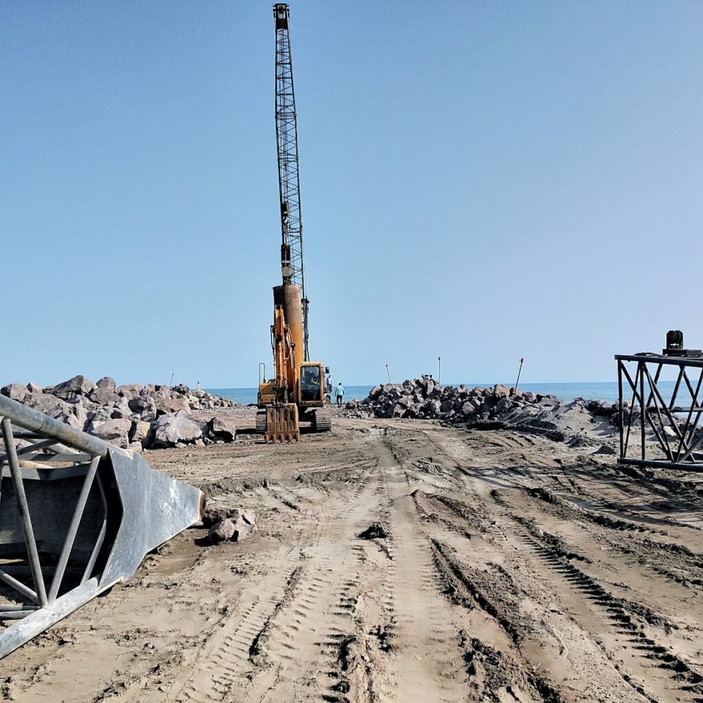 a construction site with a tower